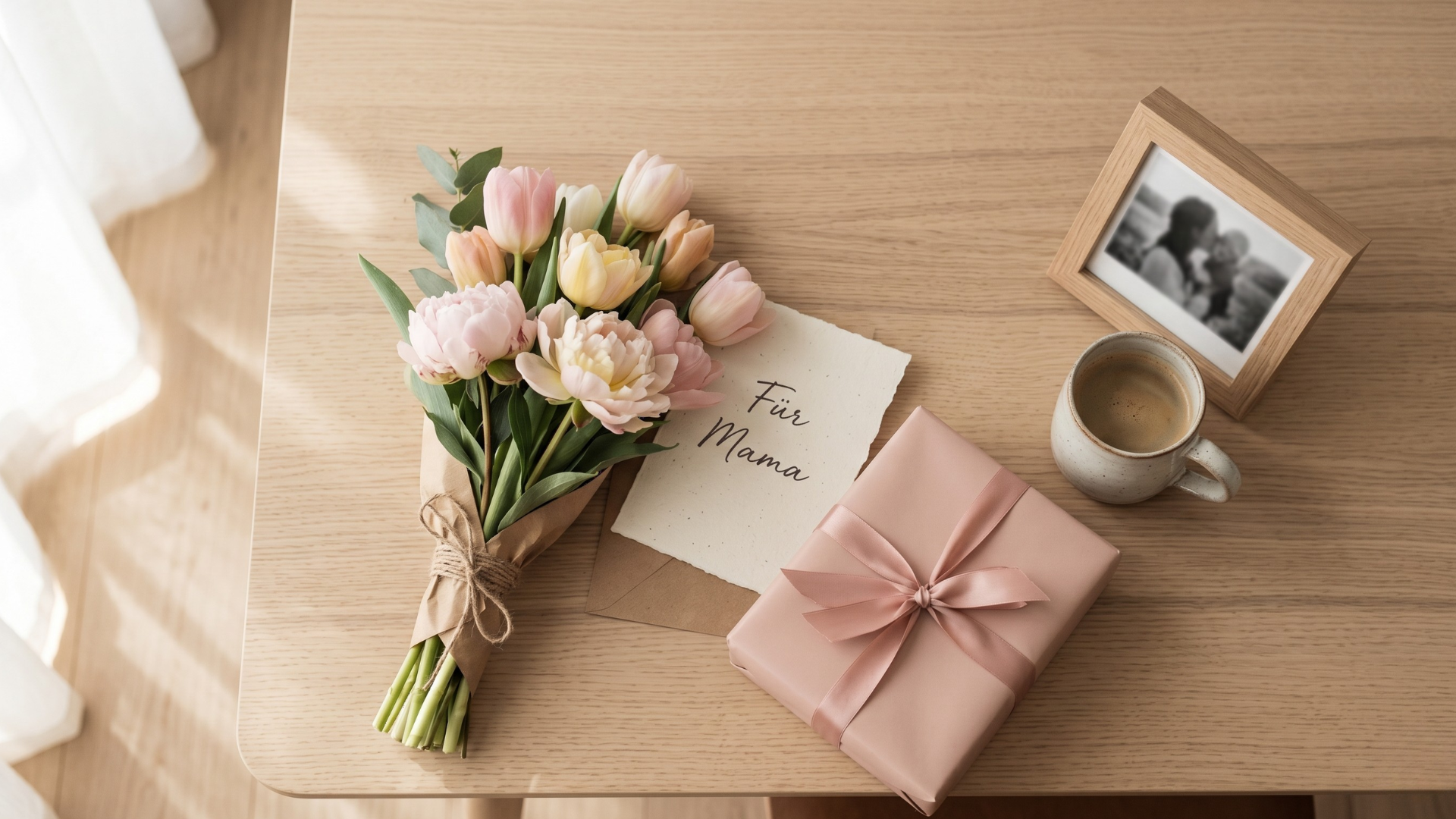 Flat-Lay mit Muttertagsgeschenken — Blumenstrauß, Karte, Geschenkbox und Fotogeschenk auf Holztisch